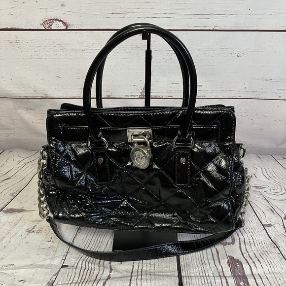 Michael Kors Black Quilted Patent Leather Hamilton Satchel Padlock Charm MK Logo - Picture 1 of 10
